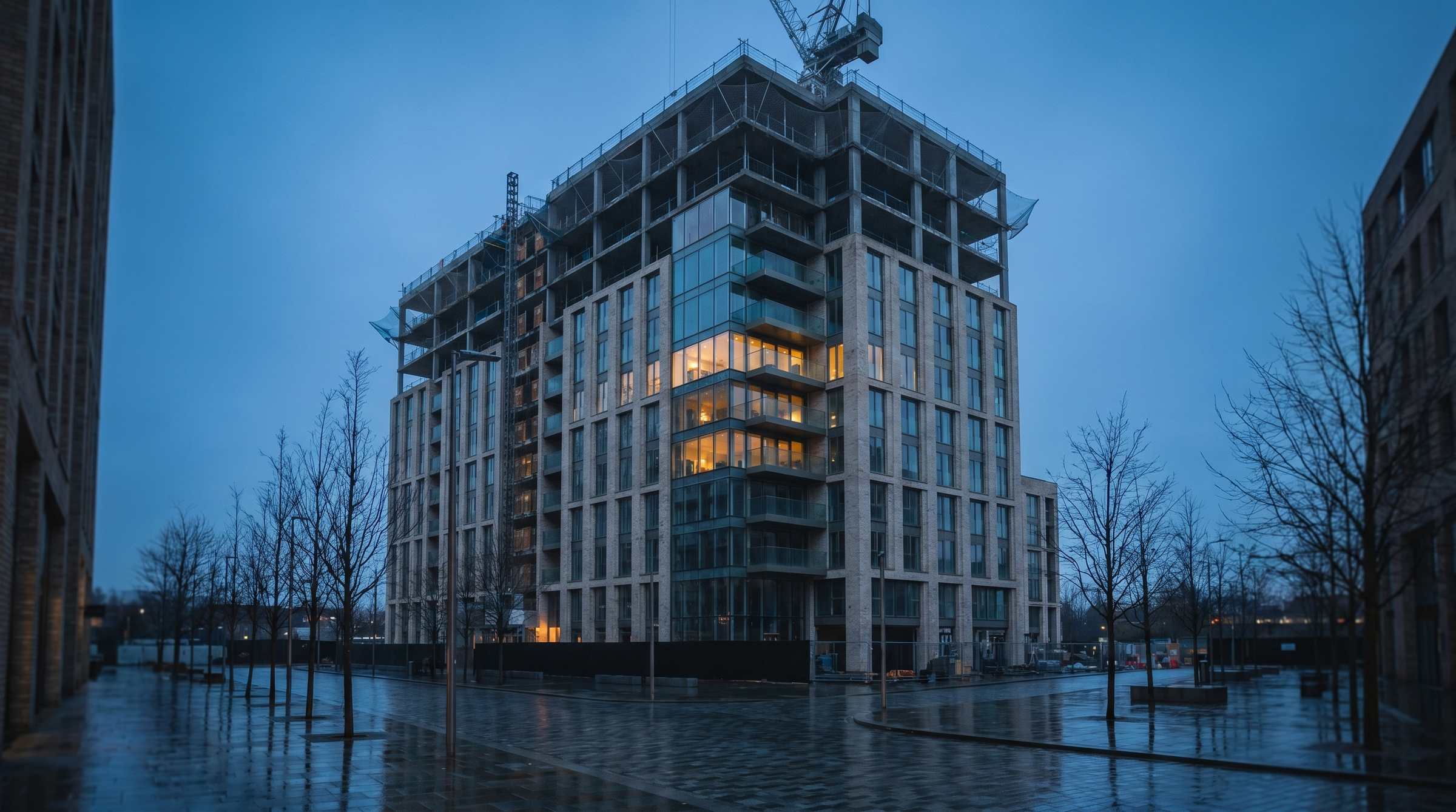 Ground-level view of a partially completed London residential development at blue-hour dusk with apartment lights starting to glow